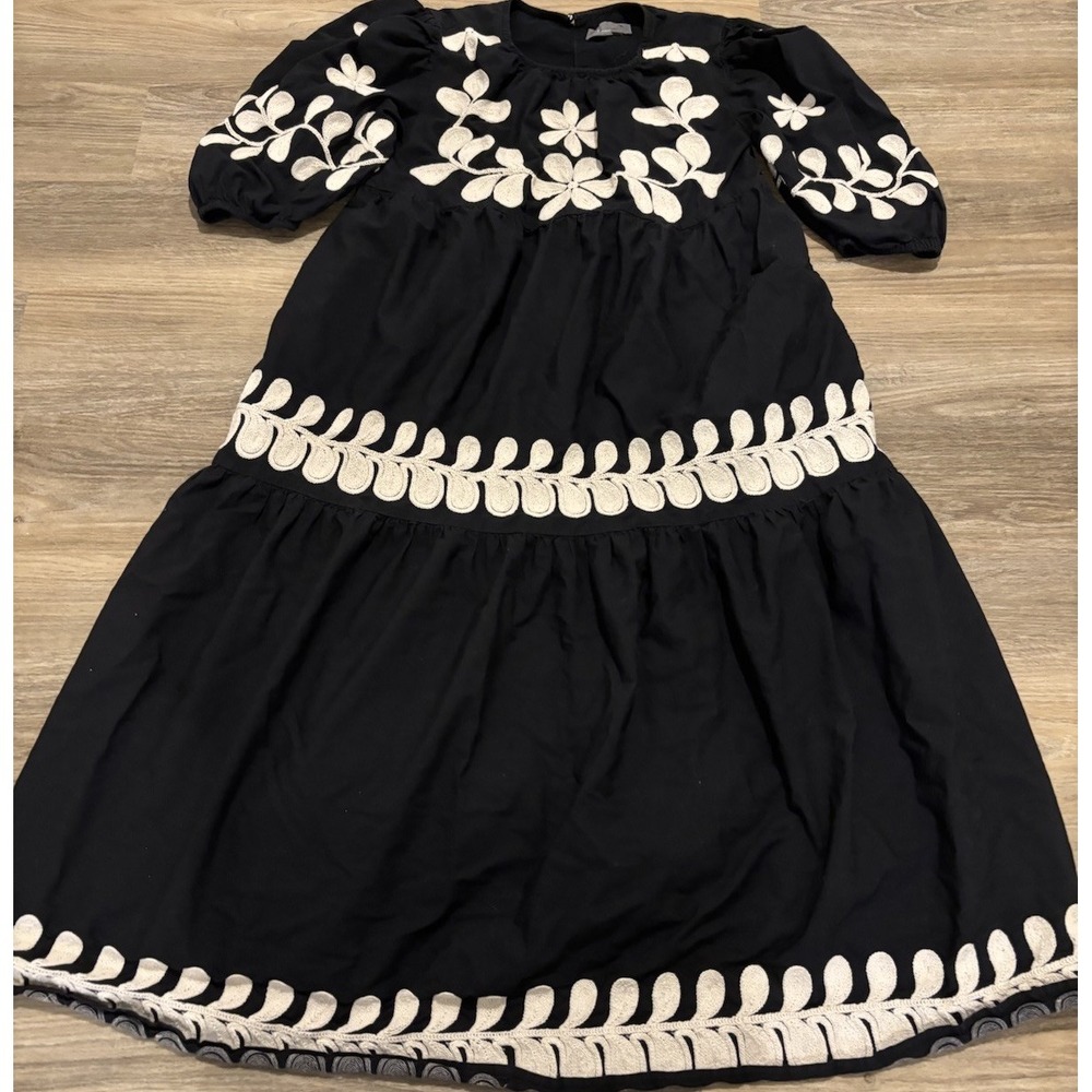 Anthropologie Embroidered Puff Sleeve Midi Dress Floral Cotton Black Ivory Small